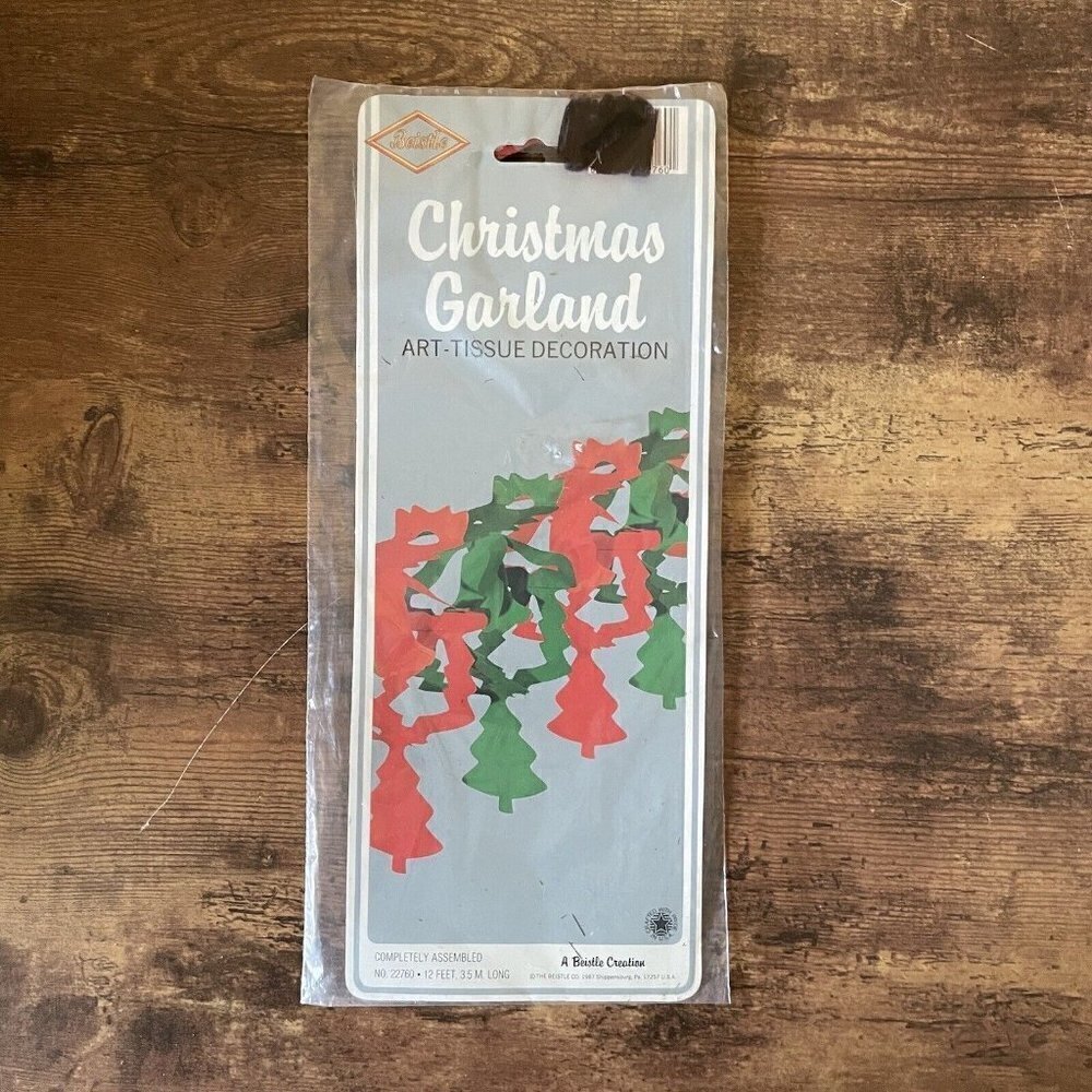 Vintage Beistle Christmas Garland Red Green Tissue Paper Decoration Trees Bells